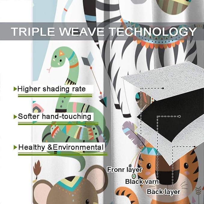 Jungle Tribal Animals Curtains, Southwest Aztec Cartoon Funny Zoo Animals Giraffe Lion Elephant Zebra Tiger Print Thermal Insulation Window Drapes for Kids Boys Girls Bedroom Living Room 63x63in