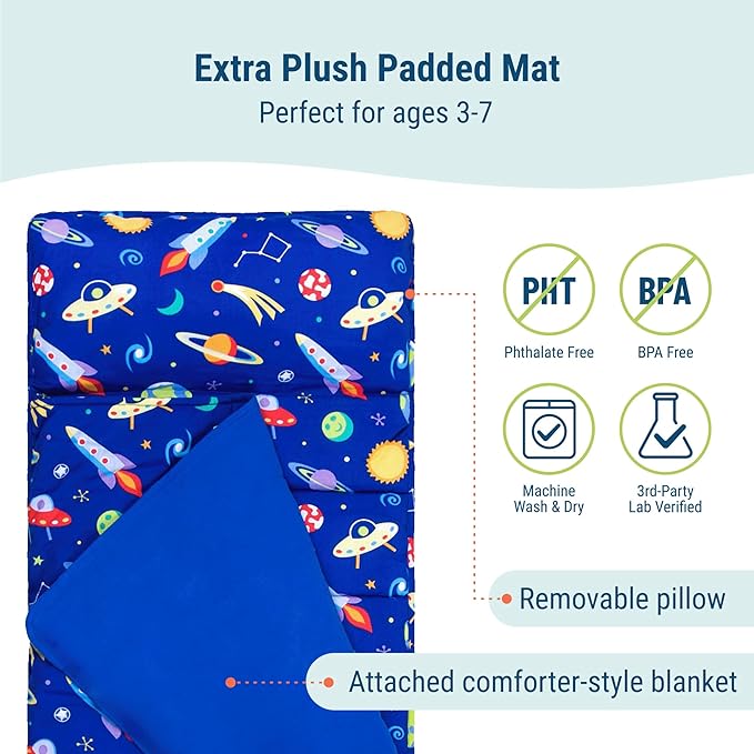 Wildkin Kids Original Nap Mat – Cozy Kids Sleep Mat with Pillow, Ideal for School & Travel - Out of This World