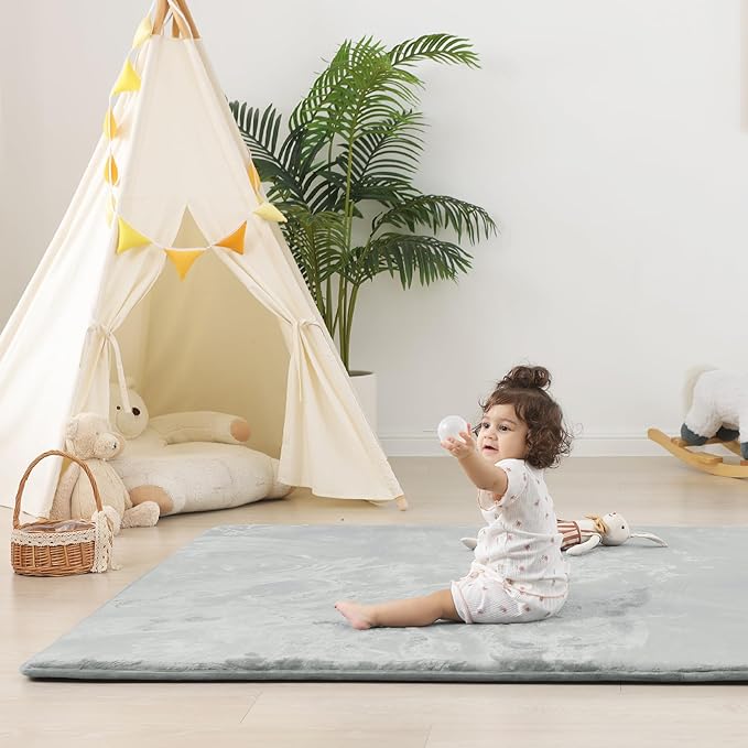 1.5" Super Thick Baby Play Mat for Floor, 79x118 Pro Soft Flannel Foam Mats for Toddler Infant Kids Crawling for Nursery Rug Playroom Living Room Waterproof Easy Care Non-Slip (Light Grey)