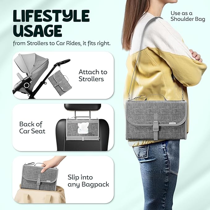 Portable Diaper Changing Pad - Waterproof Travel Diaper Clutch with Wipes Pocket & Storage - Foldable Wipeable Changing Mat for Baby - Newborn Shower Gift - Grey
