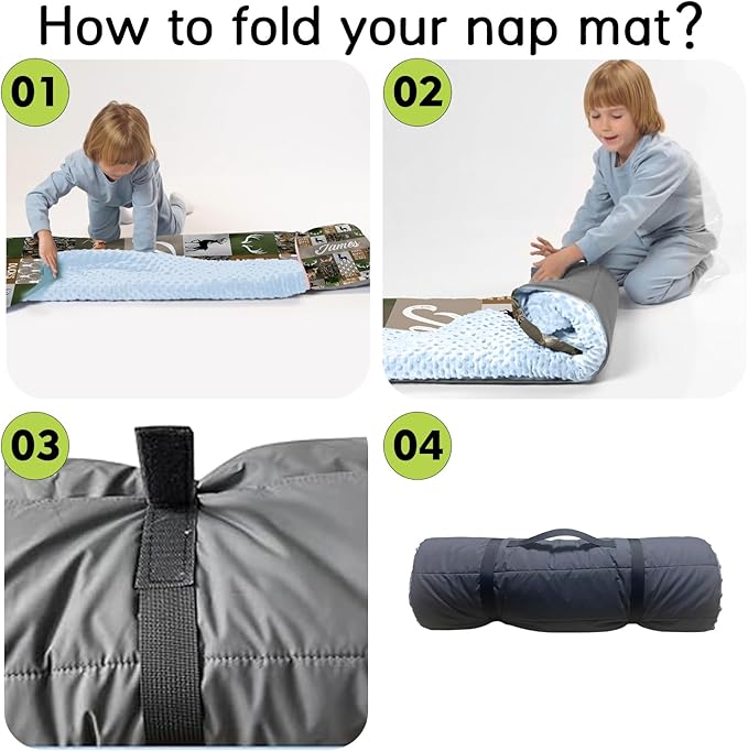 Personalized Toddler Nap Mats for Preschool, Custom Name Kids Sleeping Bag for Daycare, Roll Up Sleeping Mat with Removable Pillow and Soft Dot Minky Blanke for Boys Camping Travel