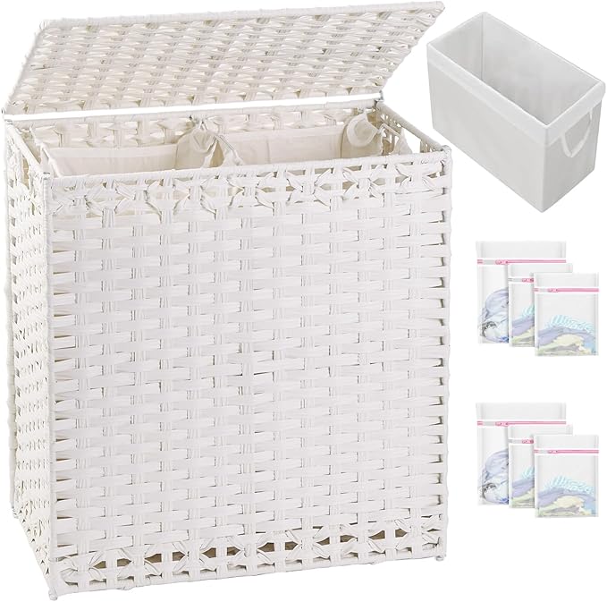 Laundry Hamper with Lid Wicker Laundry Basket 112 L (29.6 Gal) Laundry Hampers Handwoven Rattan Clothes Hamper with Handles 3 Removable Liner Bag, 6 Mesh Bags for Bathroom Bedroom White