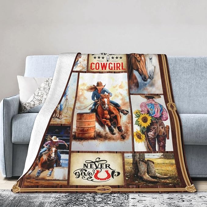 Cowgirl Racing Blanket Western Cowboy Throw Blanket Super Soft Flannel Lightweight Fluffy Plush Fuzzy Fleece Horse Blanket Gifts for Girls Woman Kids Prayer for Bed Sofa Bedding 50"X60"