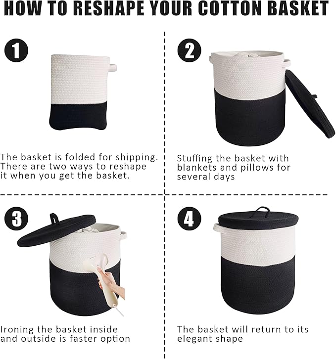 Large Storage Basket with Lid 60L, 16"Wx18"H Woven Laundry Hamper Basket with Handle, Room Decor Cotton Rope Wicker Basket Toy Organizer Bins for Clothes Blankets Pillows, Black/White Mix includes Lid