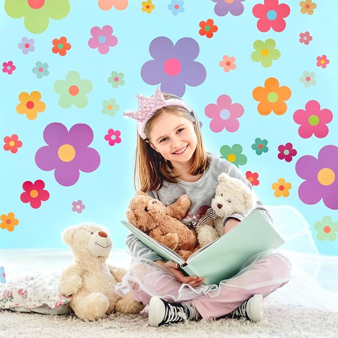 9 Sheets Colorful Daisy Wall Stickers, Removable Flowers Self-Adhesive Sticker, Cute PVC Floral Wall Decor, Aesthetic Gift for Girls Teen Nursery Bedroom Dorm Kindergarten
