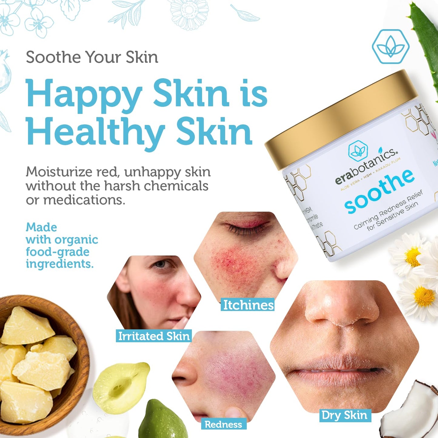 Era Organics Cream Redness Relief Moisturizer- Soothing Redness Relief for Face with Manuka Honey, MSM, Chamomile - Calming Moisturizer Made in USA