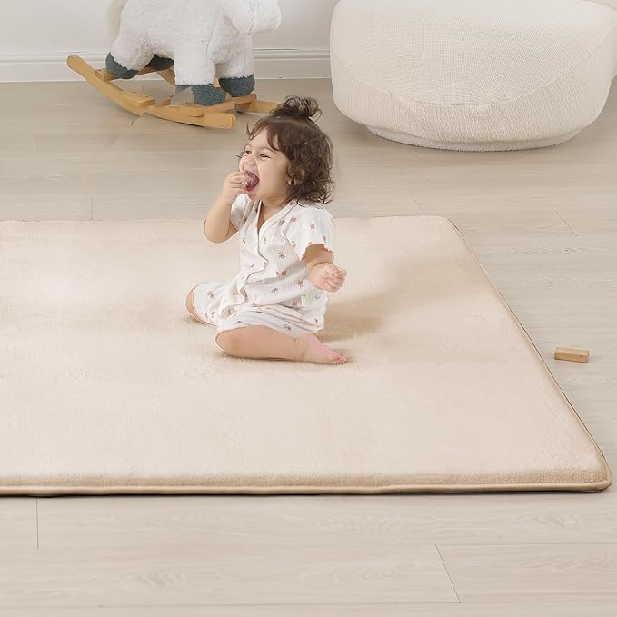 1.3" Thick Baby Floor Play Mat 39x59, Basic Padded Foam Mat for Tummy Time Crawling, Non Slip Cushioned for Babies Toddlers Infants Kids (Beige)