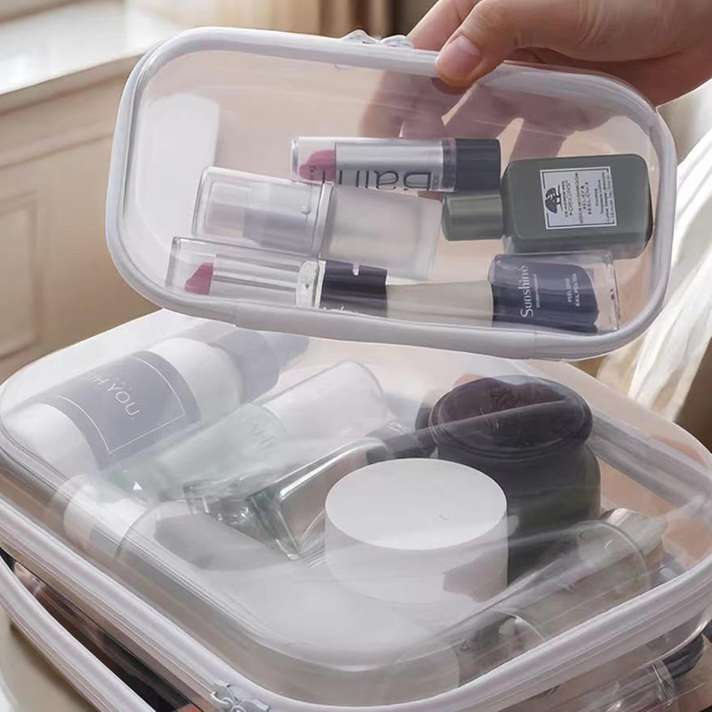 【6-Pack】 Clear Hard Shell Zipper Case Set | Durable Travel Pouches for Toiletries, Makeup Storage Organizer, Toy Storage Box | Transparent Cosmetic Bags with Zipper for Organization (white)