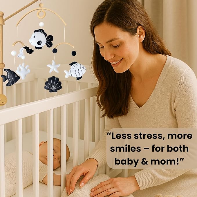 High-Contrast Black & White Fish Montessori Baby Mobile for Crib, Adjustable Wooden Arm Holder, Easy Clip-On Nursery Decor for Visual Stimulation & Gift