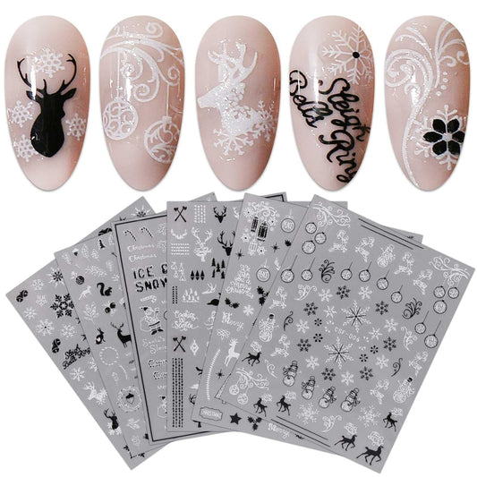 JMEOWIO 9 Sheets Christmas Glitter Nail Art Stickers Decals Self-Adhesive White Black Nail Supplies Nail Art Design Decoration Accessories