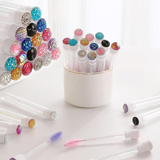 Upgrade 48 Pieces Disposable Mascara Wands Set,Diamond Mascara for Women and Girls- Include 24 Pcs Crystal Lash Spoolies Brush and 24 Pcs Reusable Keychain Empty Eyelash Brush Tubes