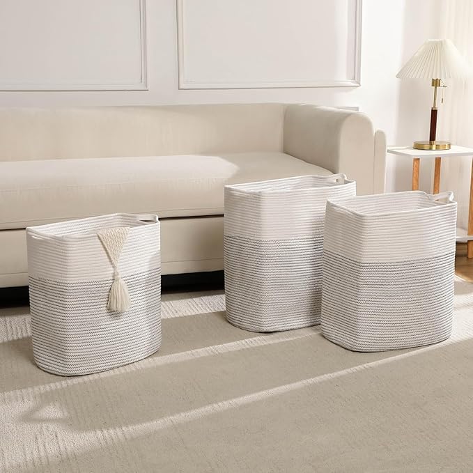 Tall Laundry Basket With Handles,Woven Cotton Rope Big Laundry Hamper Sorters,Versatile Storage for Dirty Clothes,Baby Toys,and Blankets in Bathroom, Nursery,and Living Room (White/Black Line, 80L)