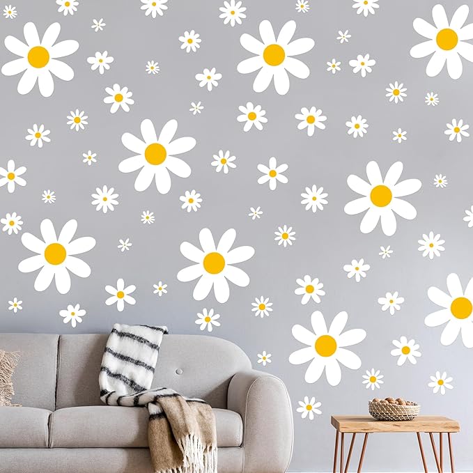TaoBary 165 Pieces 15 Sheet Large Daisy Wall Decals Flower Stickers Vinyl Peel and Stick Floral Decal Daisy Wall Decor for Nursery Playroom Bedroom Living Room(Cute)