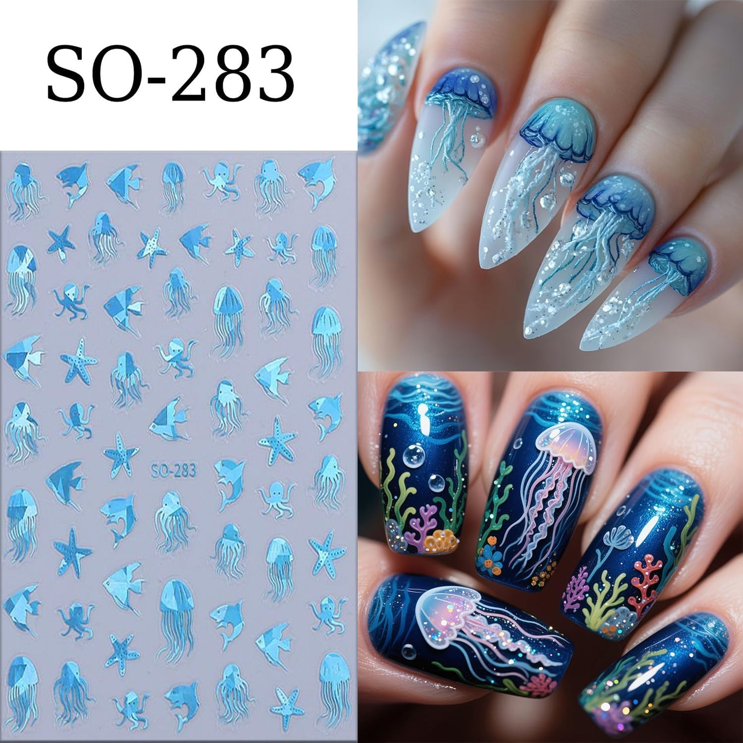 6 Sheets Ocean Animals Nail Art Stickers 3D Self -Adhesive Starfish Jellyfish Nail Decals Holographic Cute Koi Fish Octopus Nail Stickers Summer Nail Decoration for Women Manicure Supplies