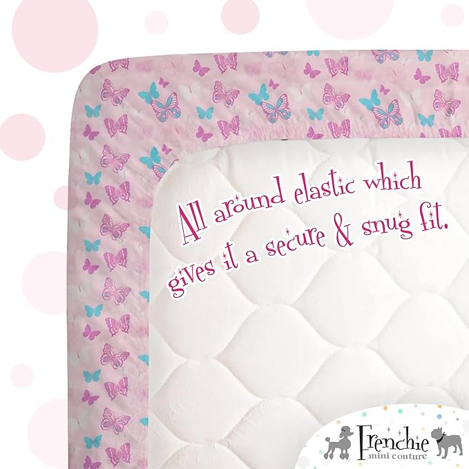 Frenchie Mini Couture, 2-Piece Kids Twin Sheets Set, 100% Woven Cotton, Deep Pocket Bed Sheet 39 x 75 x 15in + Pillowcase 20 x 30, Butterfly (Pink)