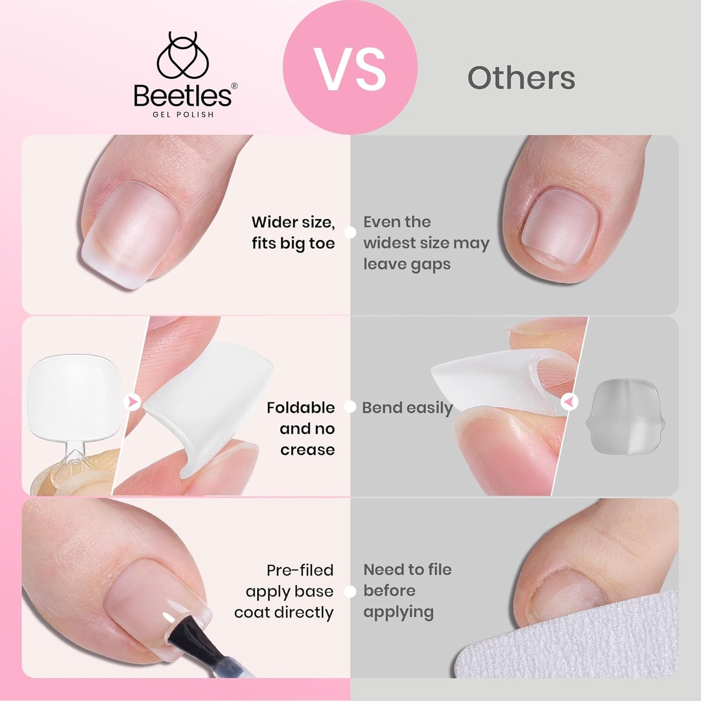 Beetles Toe Nail Tips Square for Big Toes - 15 Sizes 180 Pcs Long Wider Full Cover Toenail Tips Fake Acrylic Pre-etched Double Matte Nail Extensions, Press on Toe Nails for Wide Nail Beds