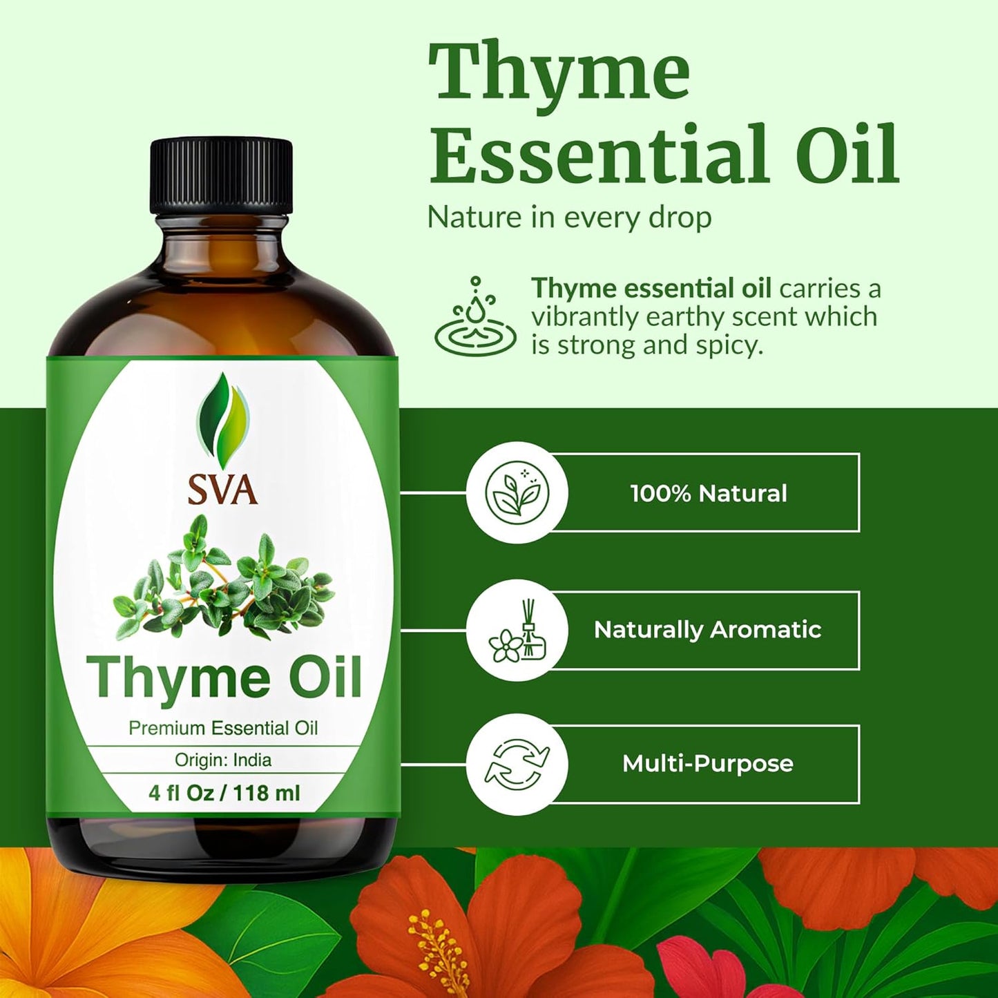 SVA Thyme Essential Oil – 4 Fl Oz – 100% Natural Thyme Oil - for Diffuser, Hair Care, Face, Skin Care, Aromatherapy, Scalp and Body Massage, Soap and Candle Making – with Dropper
