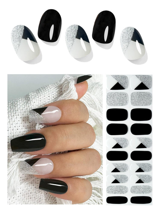 Semi Cured Gel Nail Strips - Black Glitter | 20pcs Gel Wraps UV for Home Nails DIY