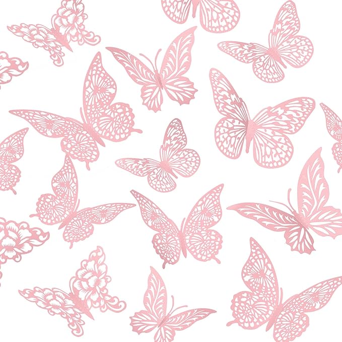 3D Pink Butterfly Wall Decor 3 Sizes 4 Styles Butterfly Party Decorations Cake Decorations Removable Stickers Wall Decor Room Mural Metallic Kids (Pink, 48Pcs)