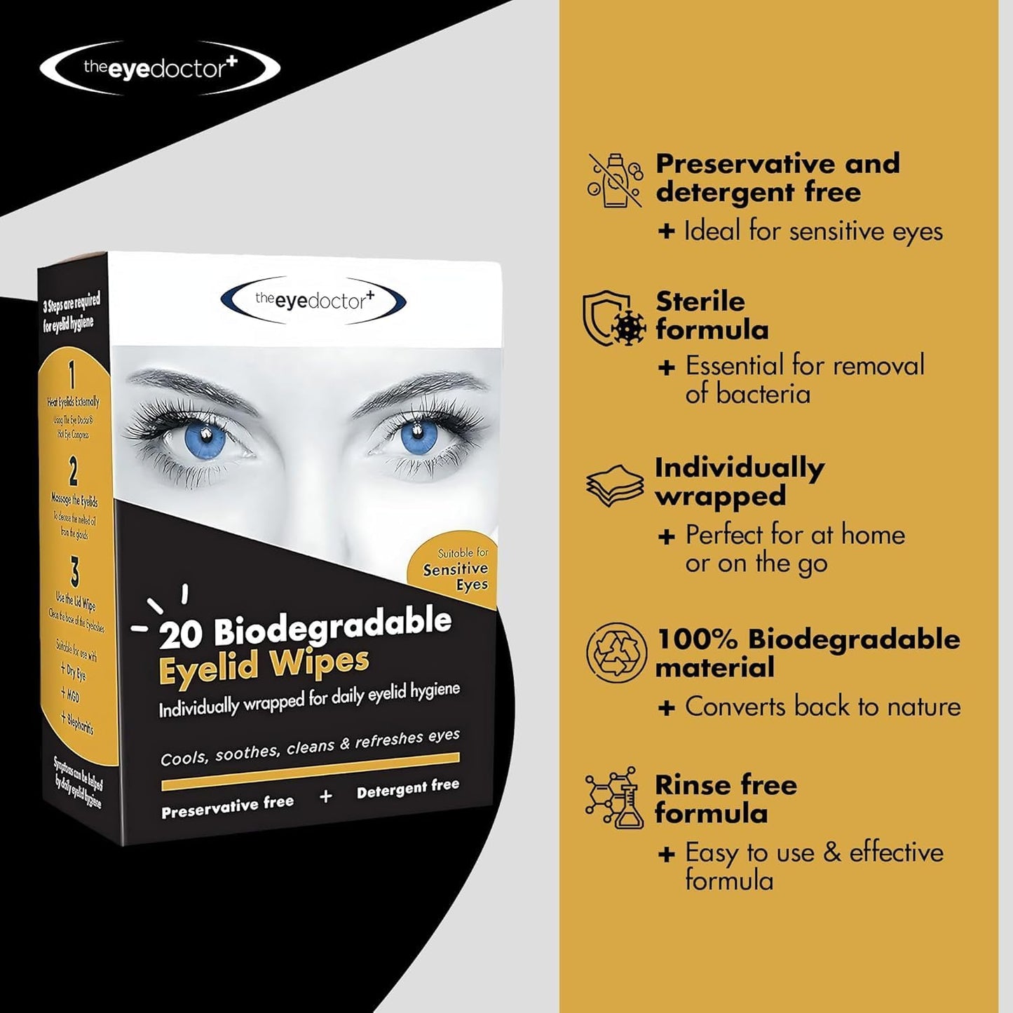 The Eye Doctor Biodegradable Eyelid Wipes - 20 x Single Use Eye Cleaning Wipes for Daily Lid Care - Individual Preservative Free Sensitive Eye Cleaner - Soothes Cleans and Refreshes