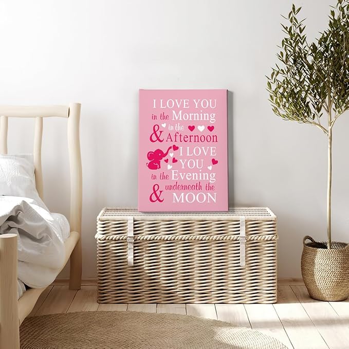 HIWX Baby Elephant Nursery Decor, I Love You In The Morning Sign Framed Canvas Painting Wall Art Decor, Elephant Nursery Baby Wall Art Home Decoration For Room Bedroom 11x14 (Pink)