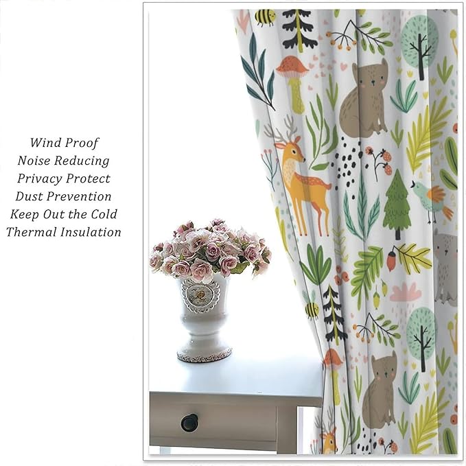 Cartoon Forest Kids Blackout Curtains,Cute Woodland Wild Animals Colorful Deer Plants Trees Print Pattern Thermal Insulation Window Drapes for Nursery Boys Girls Bedroom,White Background 63x63in