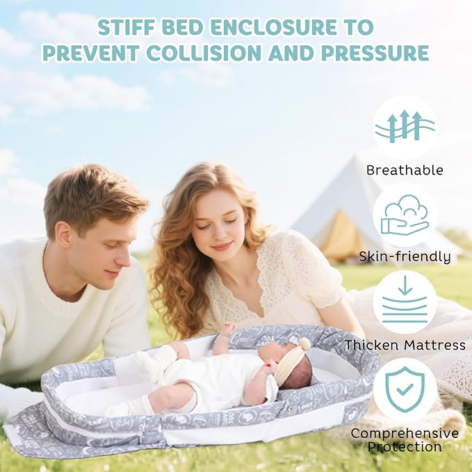 Portable Baby Lounger Bag, Foldabl Babies Nest with 2-in-1 Removable Mosquito Net, Infant Travel Nest Lounger, Easy Setup and Storage for Outdoors Indoors - Baby Registry(Gray)