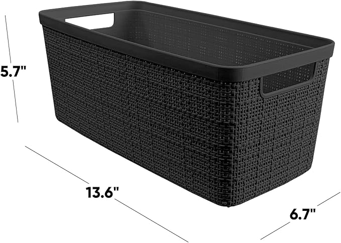 Curver Set of 8 Slim 6.8L Jute Decorative Plastic Organization and Storage Baskets - Perfect Bins for Home Office, Closet Shelves, Kitchen Pantry and All Bedroom Essentials, Black