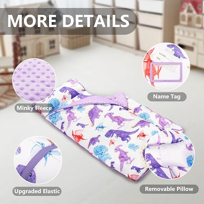 Primlect Thickened Toddler Nap Mat with Removable Pillow and Minky Blanket, Extra Large 55''x35'' Sleeping Bag, Washable, Roll up, Perfect for Daycare, Preschool, Kindergarten, Boys and Girls Dinosaur