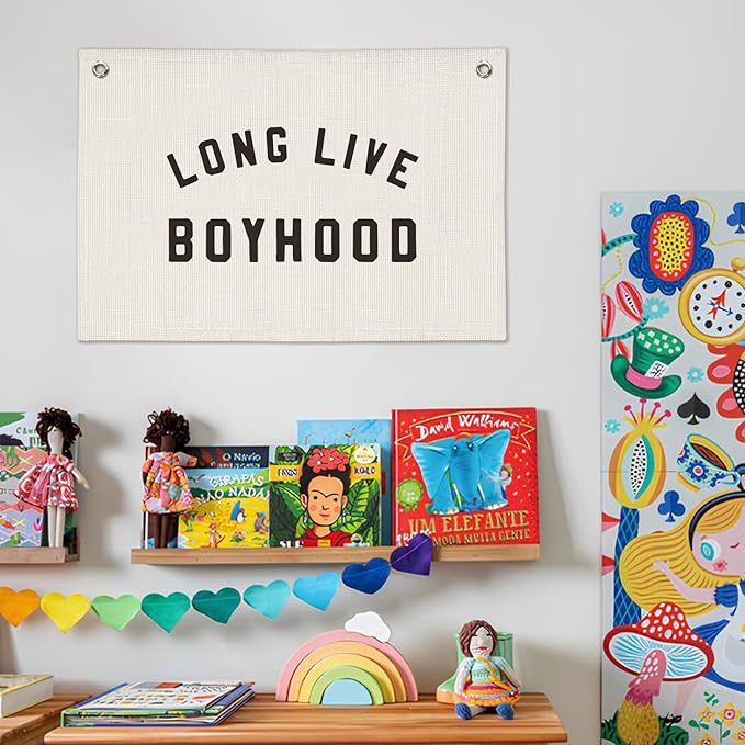"Long Live Boyhood" Wall Banner 20x30 Inch - Boys Room Decor, Linen Canvas Wall Hanging for Toddler Playroom, Rustic Nursery Sign, Adventure Theme Kids Bedroom Banner - White