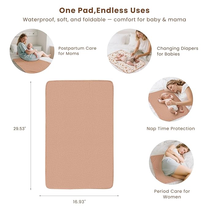 Konssy 2 Pack Waterproof Muslin Cotton Portable Changing Pad 30"x 17", Soft & Foldable Baby Changing Mat Travel Pad with Terry Backing, Shower Gift for Newborn Girls Boys (Toffee,Flourish)