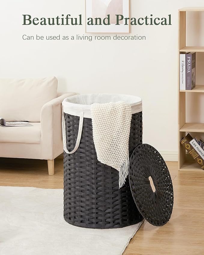 Large Laundry Hamper Laundry Basket Round 34.3 Gal (130 L) Handwoven Wicker Laundry Baskets Rattan Laundry Basket with Laundry Bag Handles 2 Mesh Bags for Living Room Bedroom Black