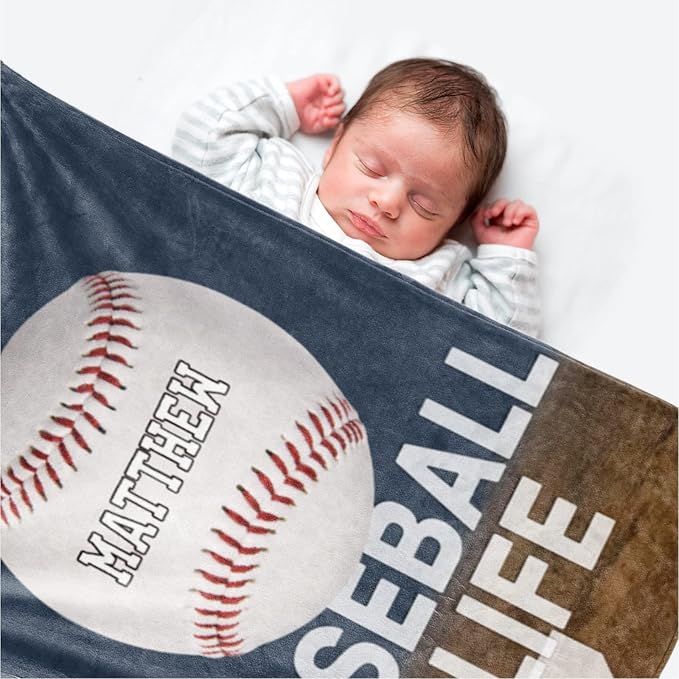 Personalized Baby Balll Soft Blanket: Custom Kids Baseball Design Blanket with Name and Number - Bedding Gifts for Infants Toddlers Adults 40x50inch