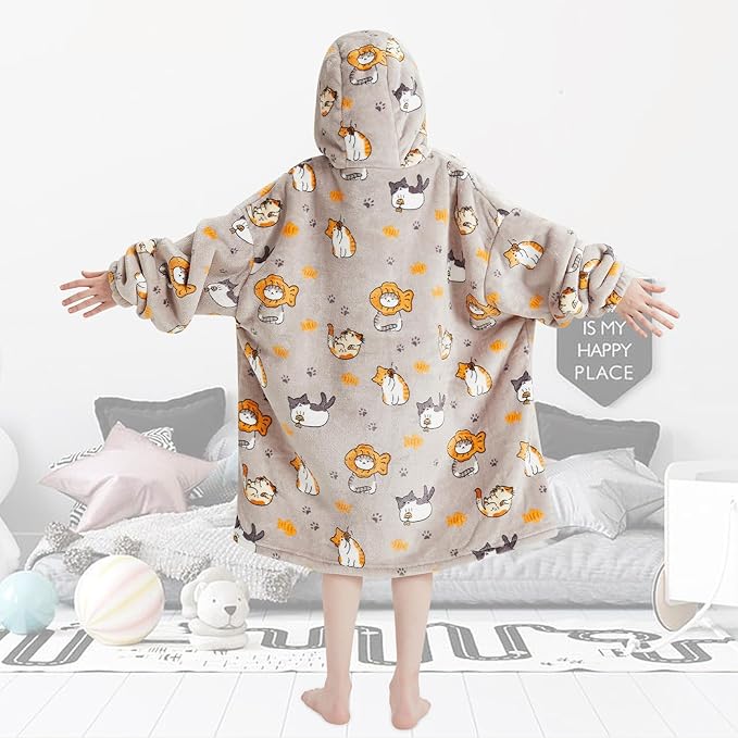Fiosnow Cat Blanket Hoodies for Kids 6-13YR Oversize Wearable Blanket Hoodies for Boys Girls Teens