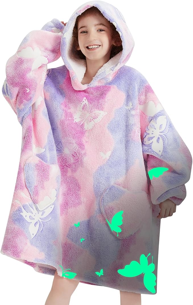 Fiosnow Glow in the Dark Butterfly Blanket Hoodies for Kids 6-13YR Oversize Wearable Blanket Hoodies for Boys Girls Teens