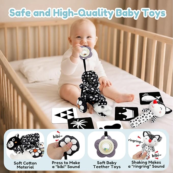 TSYAN High Contrast Baby Toys for Babies 0-6 Months, Black and White Baby Sensory Toys with Car Seat Toys,Infant Toys with Black White Cards Book, Montessori Toys for Baby Gifts