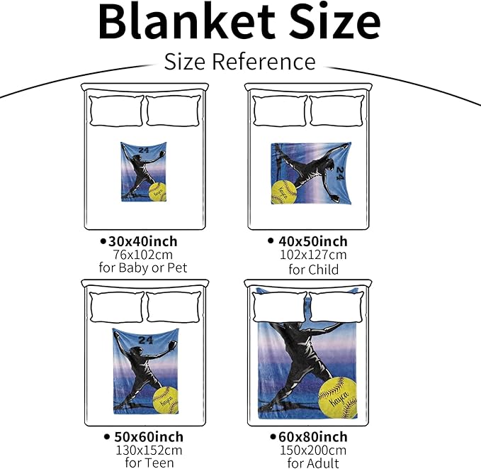 Custom Softball Blanket with Name Number: Personalized Fluffy and Warm Gift for Baby Toddler Kids and Adults Birthday Skin-Friendly Flannel Fabric(40x50inch)