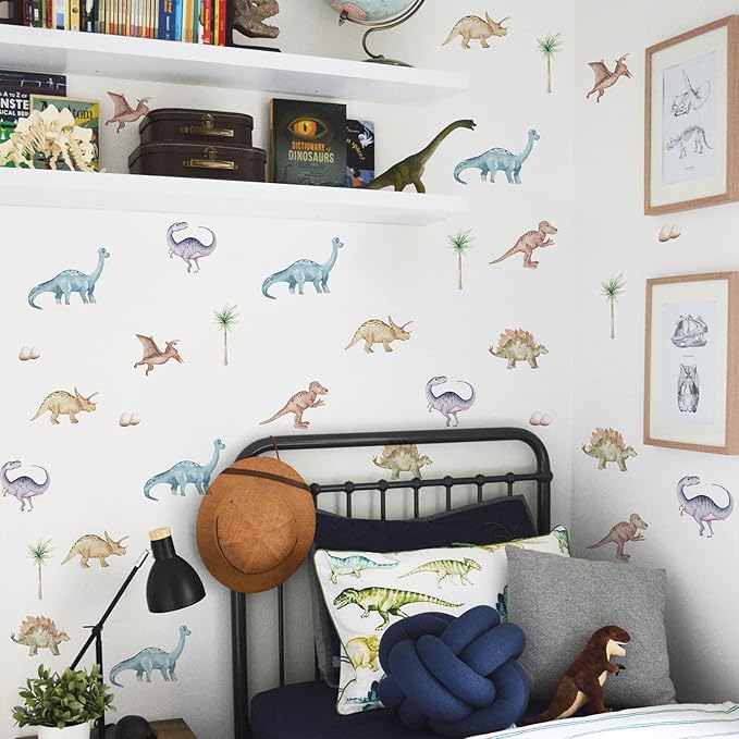YouRfocus Dinosaur Wall Decals, Animal Boys Bedroom Wall Stickers 96 Decals, Removable Decor Peel and Stick Nursery Kids Room Playroom Vinyl Murals DIY Decorations (12 Sheets)