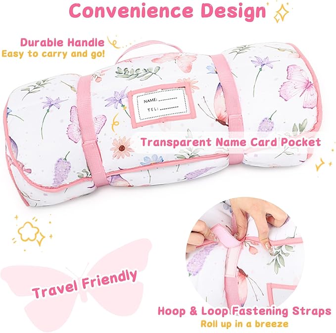 Pea Pod Toddler Nap Mat with Pillow & Fleece Blanket Ultra Soft Kids Rolled Napping Mats for Daycare, Preschool-Kindergarten, Slumber Bags for Boys Girls, Fits Ages 3-7 Years, Butterfly