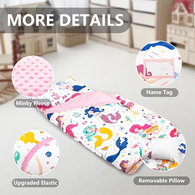 Primlect Thickened Toddler Nap Mat with Removable Pillow and Minky Blanket, Extra Large 55''x35'' Sleeping Bag, Washable, Roll up, Perfect for Daycare, Preschool, Kindergarten, Boys and Girls Mermaid