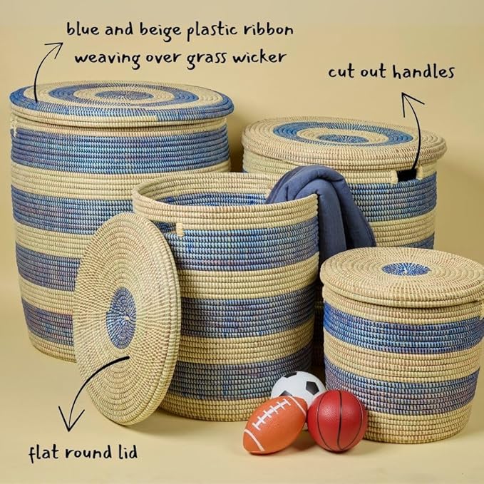 Small Blue Stripes Storage Basket, Organize Living Room, Bedroom, Nursery, Decorative, Wicker, Woven, Round, Handles