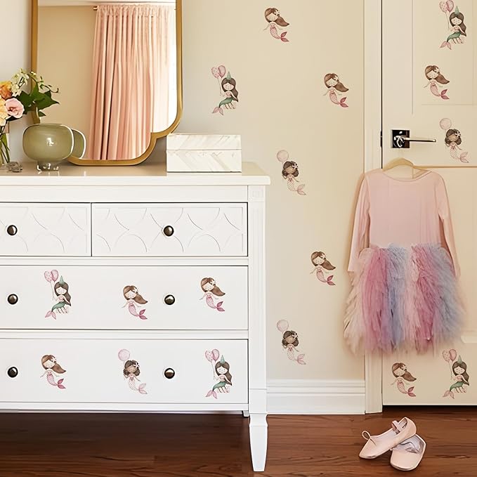 YouRfocus Mermaid Wall Decals | 24 PCS Boho Mermaid Stickers for Girls' Rooms, Playrooms, and Nurseries | Dual Layer Print for High Coverage | Removable Peel and Stick Wall Decor (Pink) | 6 Sheets