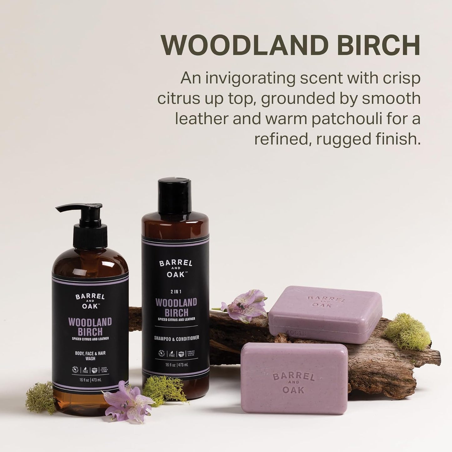 Barrel & Oak All-in-One Wash for Face, Hair, & Body, Vegan & Hydrating Face, Shampoo and Body Wash for Men, Grooming Kit Gifts for Men, Woodland Birch, 16 oz