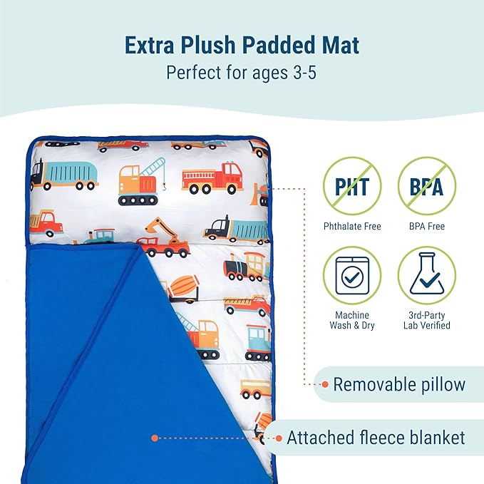 Wildkin 43-inch Kids Nap Mat – Soft Microfiber Toddler Sleeping Mat with Pillow