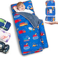 Primlect Thickened Toddler Nap Mat with Removable Pillow and Minky Blanket, Extra Large 55''x35'' Sleeping Bag, Washable, Roll up, Perfect for Daycare, Preschool, Kindergarten, Boys and Girls Blue Car