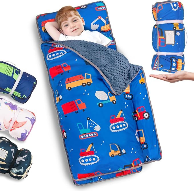 Primlect Thickened Toddler Nap Mat with Removable Pillow and Minky Blanket, Extra Large 55''x35'' Sleeping Bag, Washable, Roll up, Perfect for Daycare, Preschool, Kindergarten, Boys and Girls Blue Car