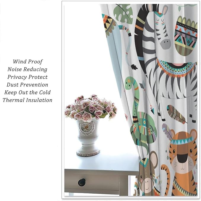 Jungle Tribal Animals Curtains, Southwest Aztec Cartoon Funny Zoo Animals Giraffe Lion Elephant Zebra Tiger Print Thermal Insulation Window Drapes for Kids Boys Girls Bedroom Living Room 63x63in