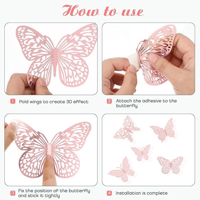 3D Gold Butterfly Wall Decor 3 Sizes 4 Styles Butterfly Party Decorations Cake Decorations Removable Stickers Wall Decor Room Mural Metallic Kids (Pink, 96Pcs)