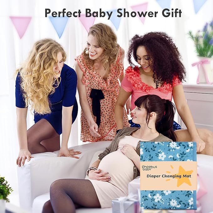Portable Diaper Changing Pad for Baby - Waterproof Compact Changing Mat with Wrist Strap - Wipeable Travel Changing Pad for Diaper Bag - Gifts for Baby Shower by PHOEBUS BABY(Blue Flowers)
