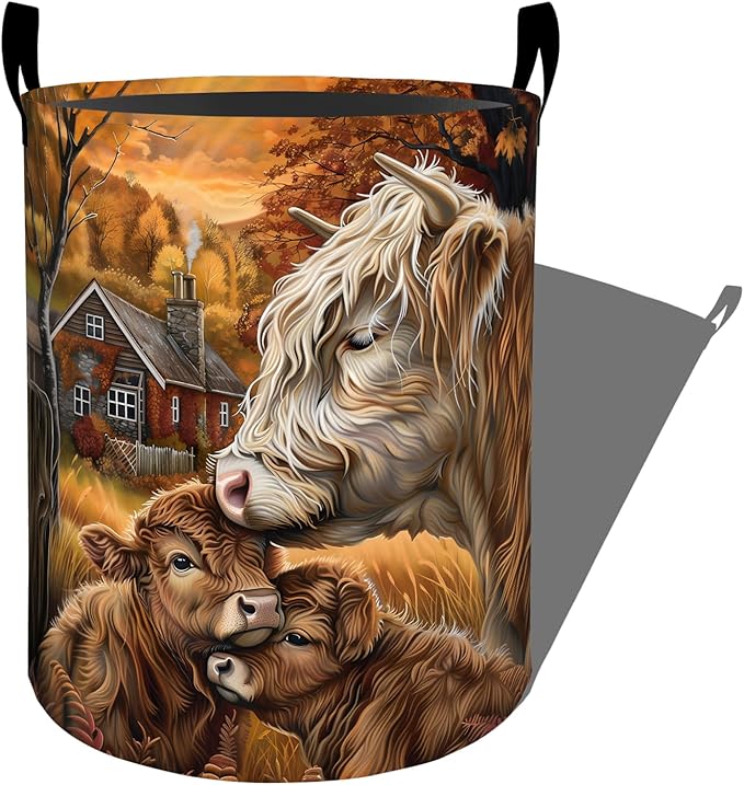 Rustic Highland Cow with Calf Laundry Basket with Handles, 19.7"x15.7" Clothes Foldable Cows Laundry Hamper Organizer for Dorm Nursery Bedroom Bathroom Decor, Toy Storage Bin for Kids